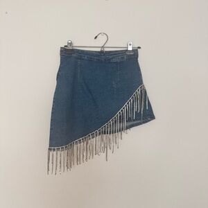 Denim Skort with Fringe Detail